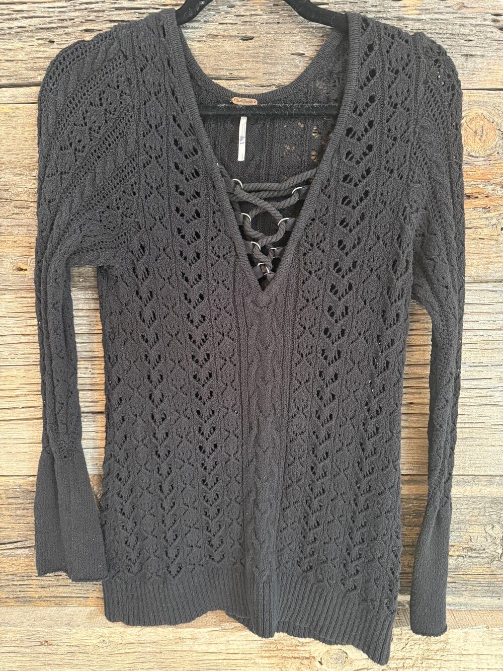 Free People Black Pointelle Open Knit Sweater Tunic Lace Up Front, Bell Sleeves